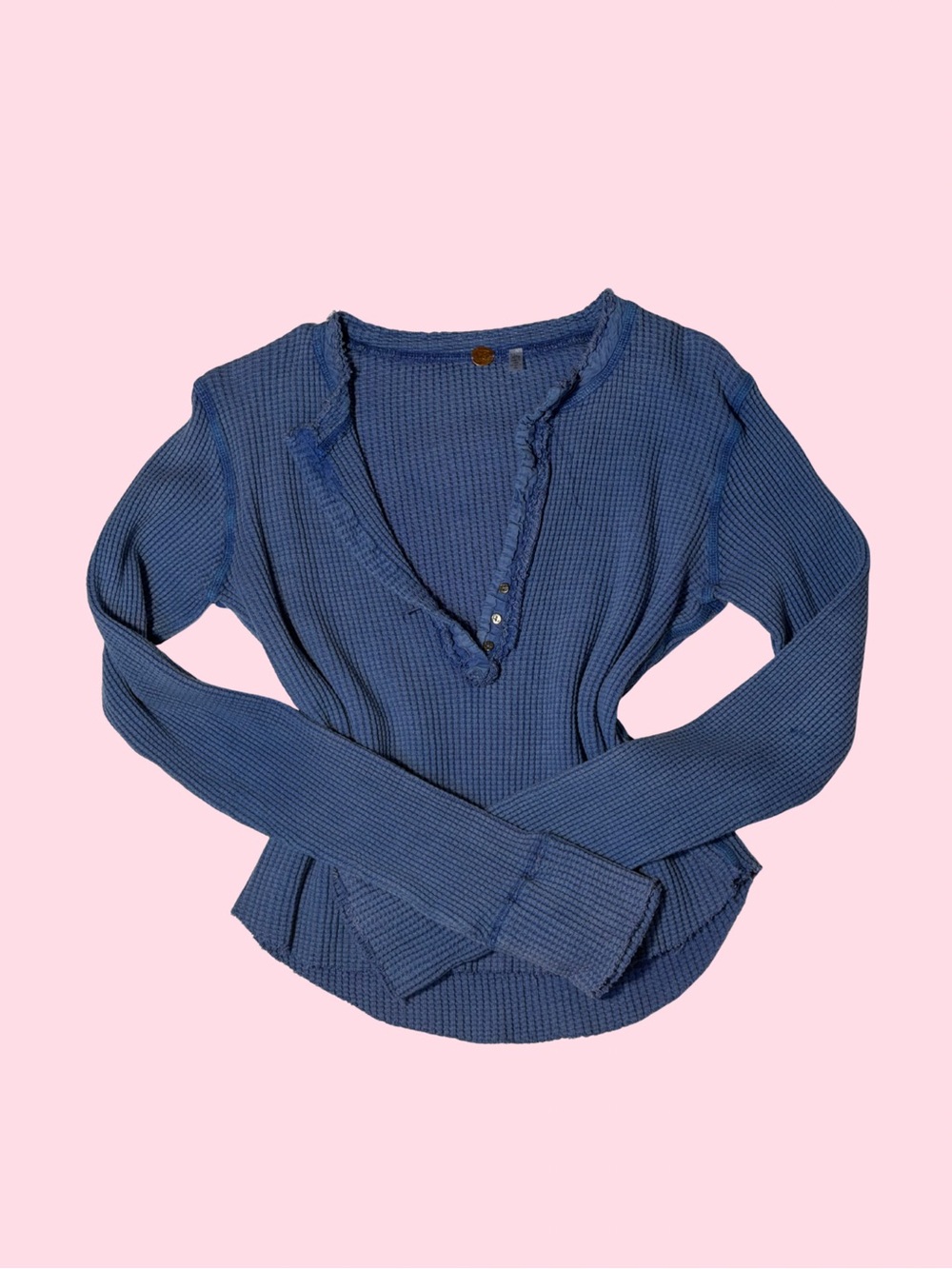 Free People Indigo Blue Waffle Henley Long Sleeve Top